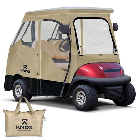 Knox GLF036 58 in. Golf Cart Enclosures 2 Passenger - 600D Portable Driving Transparent Golf Cart Cover Storage, Waterproof Cover for Club Car DS & Precedent, EZGO TXT & RXV, Beige