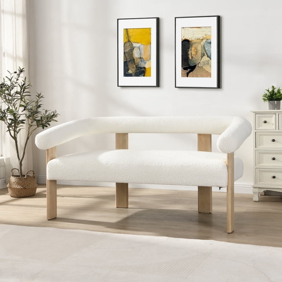 Knox Modern Boucle Upholstered Loveseat, Round Armchair with Solid Wood Base, Beige