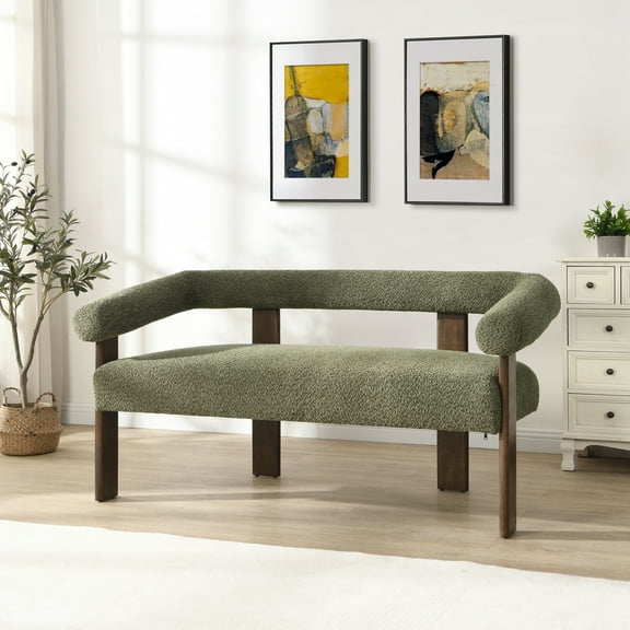 Knox Modern Boucle Upholstered Loveseat, Round Armchair with Solid Wood Base, Green