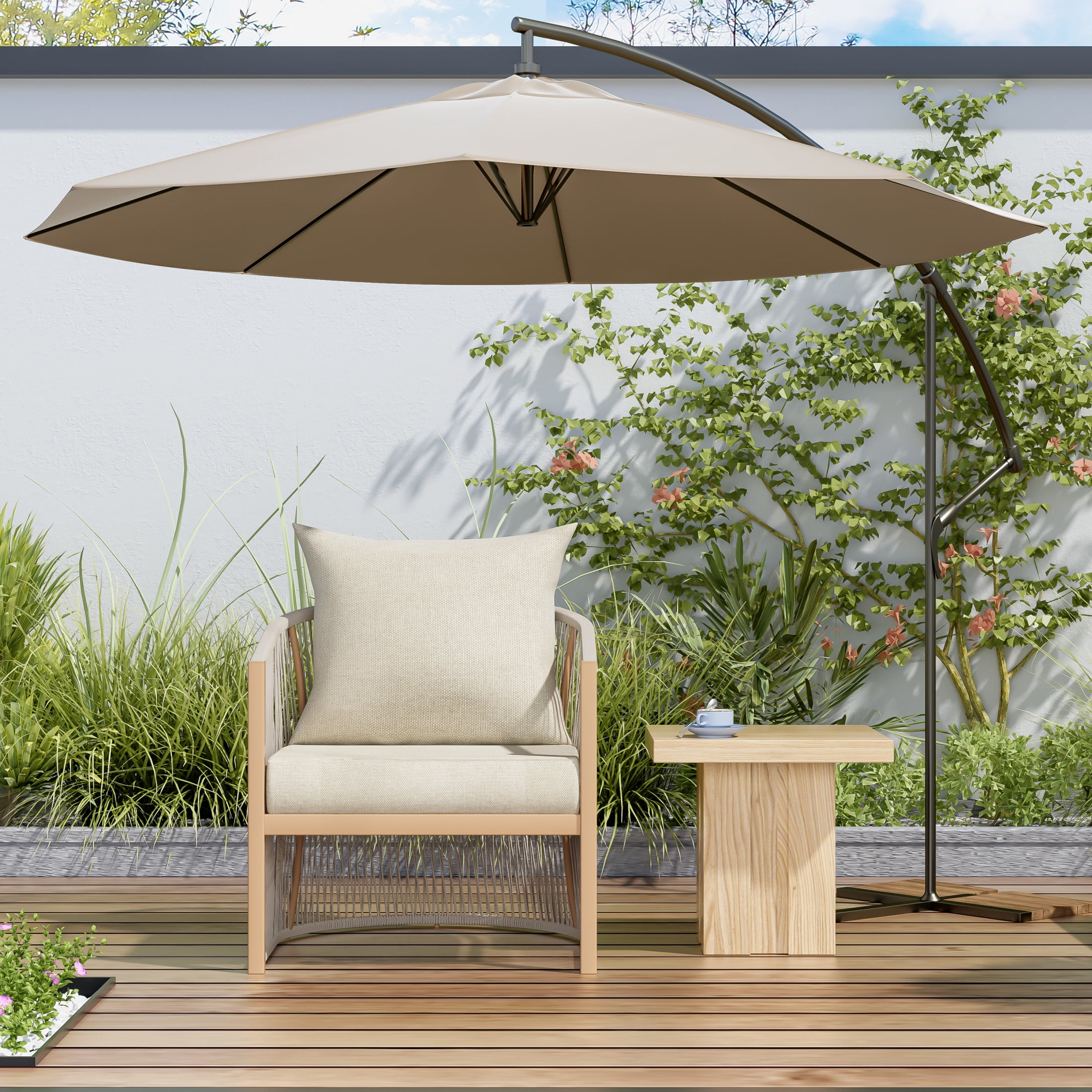 Knox Modern Outdoor Patio Rope-Weave Lounge Chair, Club Chair with Curved Frame, Aluminum Base, and Cushions, Beige