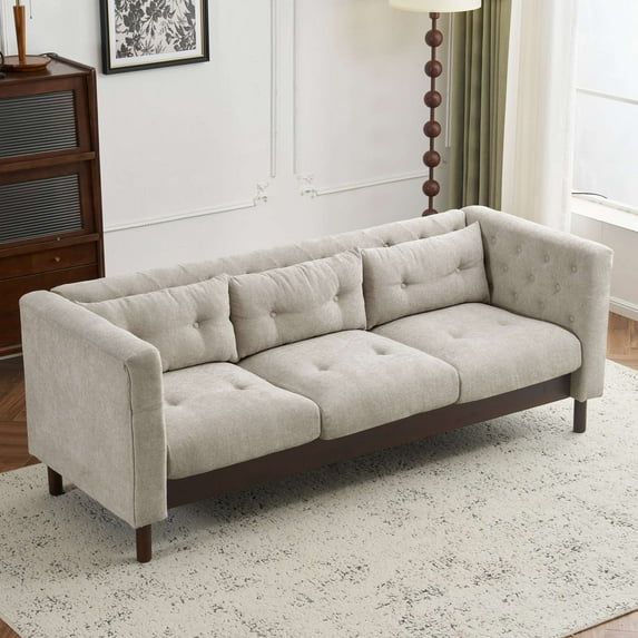 Knox Modern Tufted 3-Seater Sofa, Upholstery Couch with Solid Wood Legs, Removable Backrest, Grayish Beige