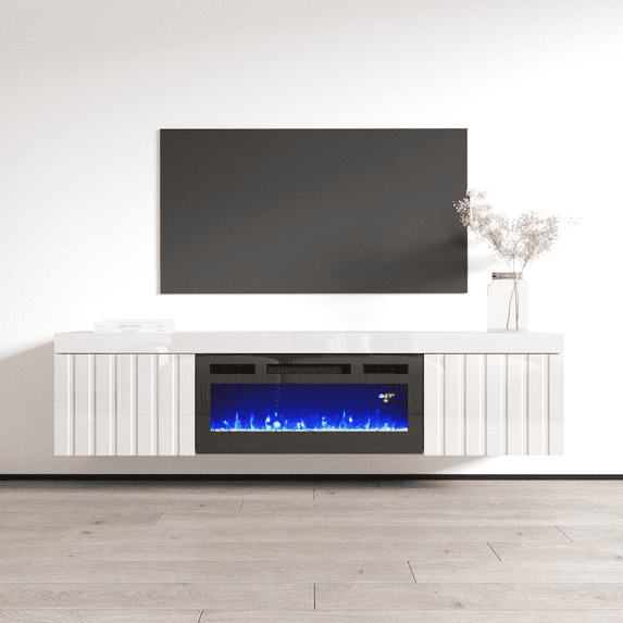 Knoxville BL-EF Floating Fireplace TV Stand for TVs up to 80", Modern High Gloss 71" Entertainment Center, Wall Mounted Electric Fireplace TV Media Console with Storage Cabinets