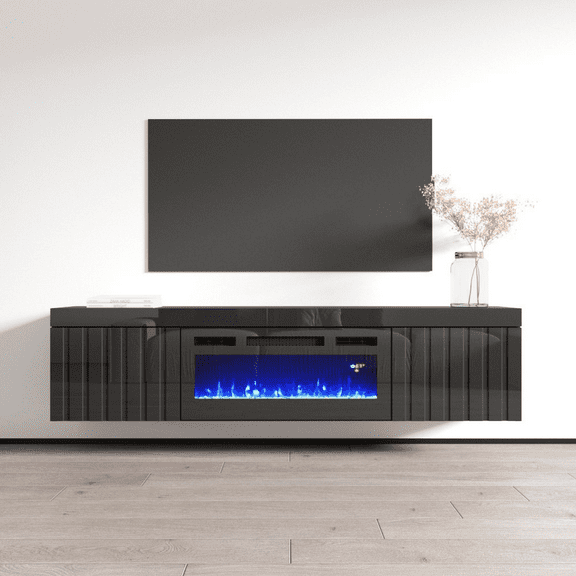 Knoxville BL-EF Floating Fireplace TV Stand for TVs up to 80", Modern High Gloss 71" Entertainment Center, Wall Mounted Electric Fireplace TV Media Console with Storage Cabinets