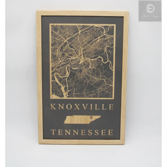 Knoxville, Tennessee Laser Etched Wood Street Map - UT Campus Map Framed in Natural Wood