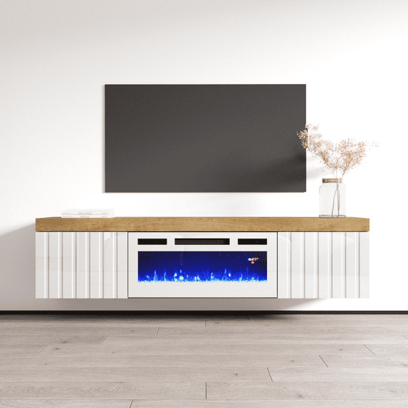 Knoxville WH-EF Floating Fireplace TV Stand for TVs up to 80", Modern High Gloss 71" Entertainment Center, Wall Mounted Electric Fireplace TV Media Console with Storage Cabinets