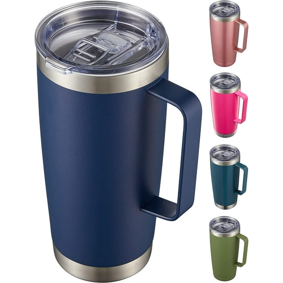 Knpot 20 Oz Tumbler Mug with Lid and 2 Straws, Insulated Travel Coffee Mug with Handle, Double Wall Stainless Steel Vacuum Coffee Tumbler, Thermal Coffee Cup, A-Navy Blue