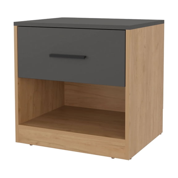 Knubmt 1 Drawer Nightstand with 1 Open Shelf, Wood Beside Table for Living Room, Bedroom, Brown+Gray