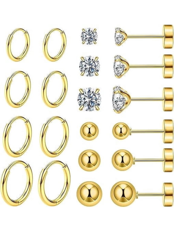 10 Pairs 14K Gold Plated Lightweight Hoop Earrings, Flat Back Ball Stud Earrings 316L Stainless Steel Earrings Setfor Women Men, Gold