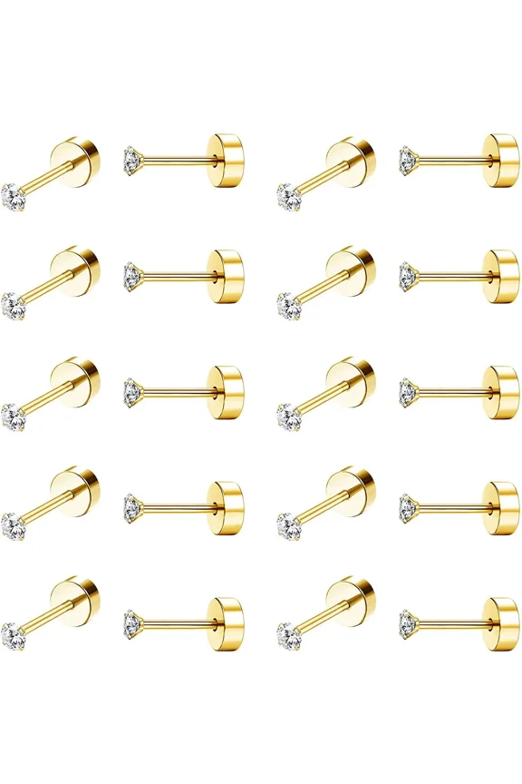 10 Pairs 14K Plated 316L Steel Screw Flat Back Stud Earrings Round Cubic Zirconia Piercing Stud Earring Set for Women Men, Gold