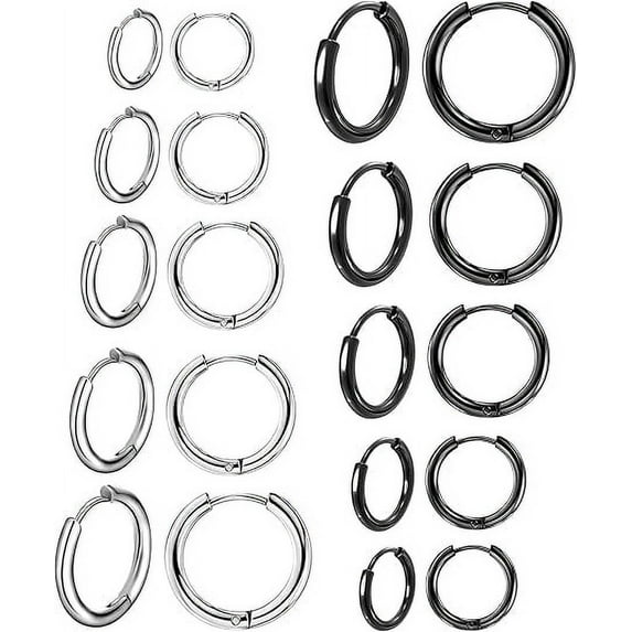 Knubmt 10 Pairs 316L Stainless Steel Hoop Earring Set Small Hoop Earrings for Women Men, Silver+Black