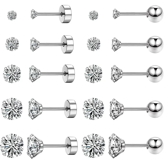 Knubmt 10 Pairs 316L Stainless Steel Stud Earrings Flat Back Cubic Zirconia Earring Ball Earrings Set for Women Men