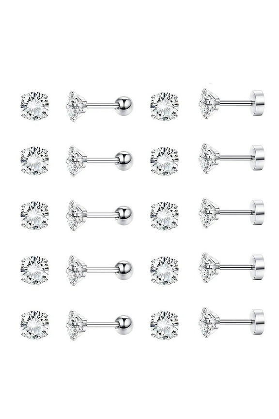 10 Pairs 316L Stainless Steel Stud Earrings Flat Back Ear Stud Set 18G Round Cubic Zirconia Stud Earring for Women Men, Silver, 3mm