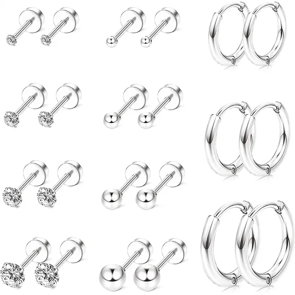 Knubmt 11 Pairs Cubic Zirconia Stud Earrings 316L Stainless Steel Hoop Earring Flat Back Earrings Ball Stud Earring for Women Men, Silver