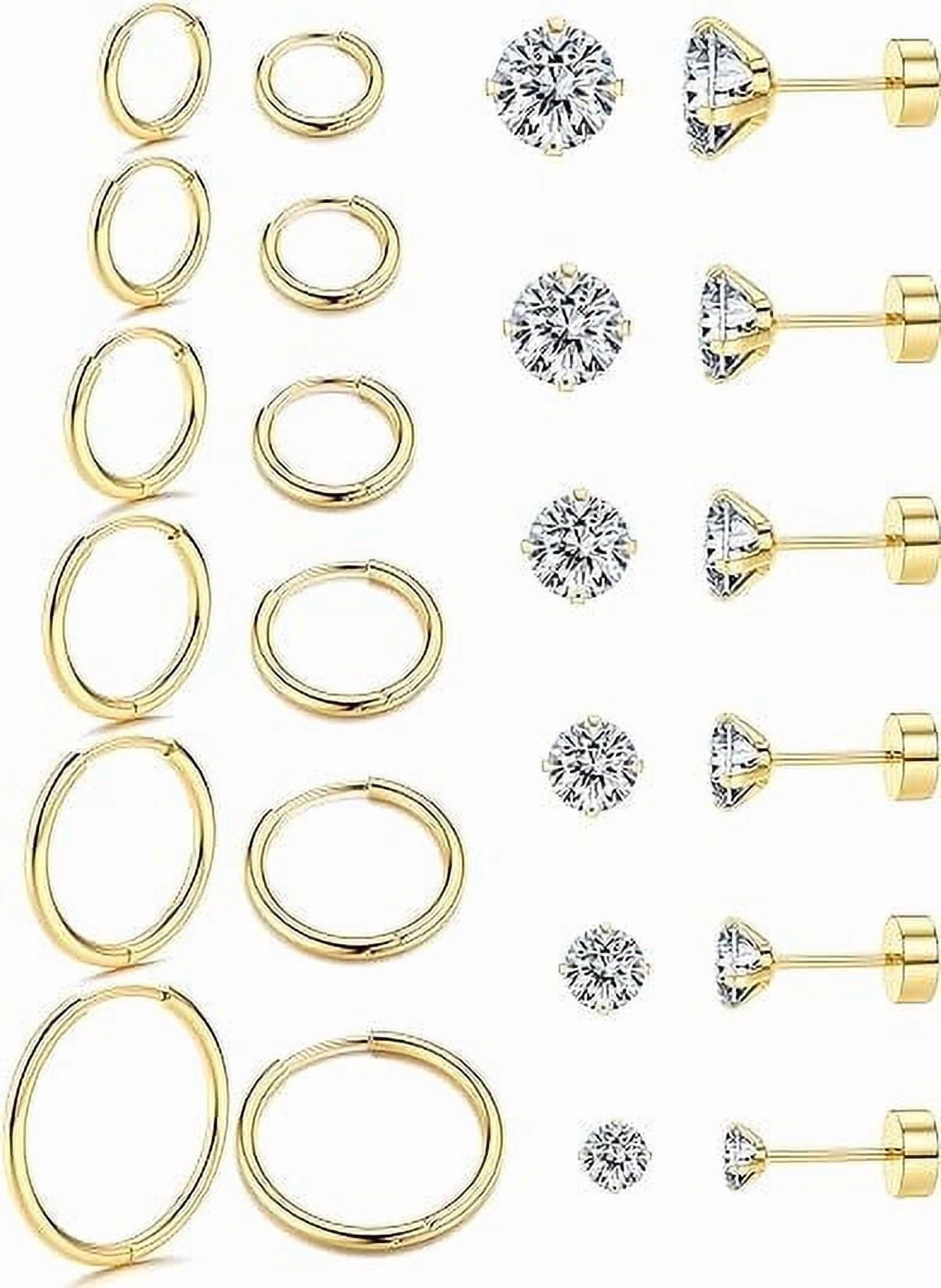 Knubmt 12 Pairs 316L Stainless Steel Earring Set 14K Gold Plated Hoop Earrings Flat Back Stud Earrings for Women Men, Gold