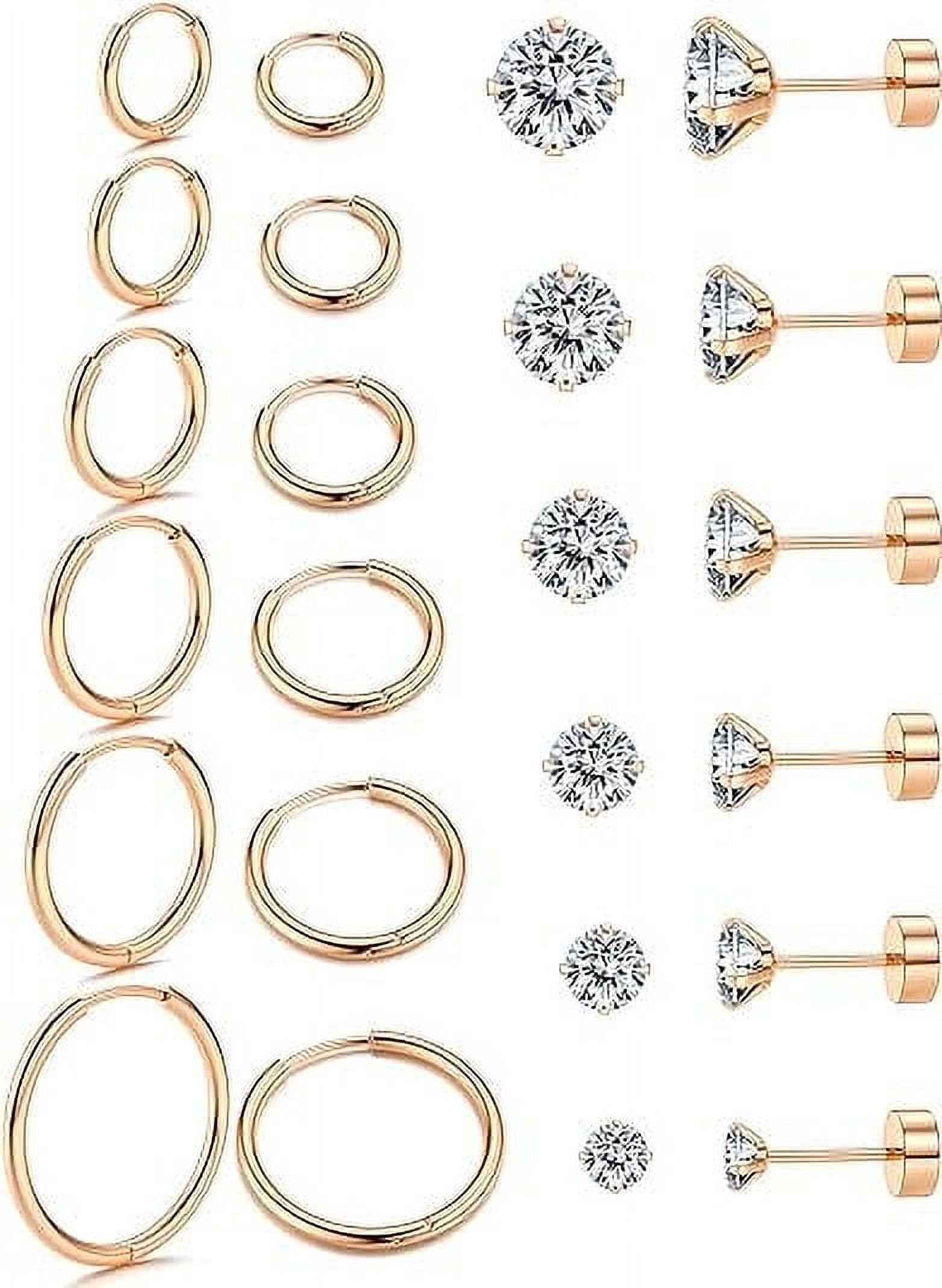 Knubmt 12 Pairs 316L Stainless Steel Earring Set 14K Gold Plated Hoop Earrings Flat Back Stud Earrings for Women Men, Rose Gold