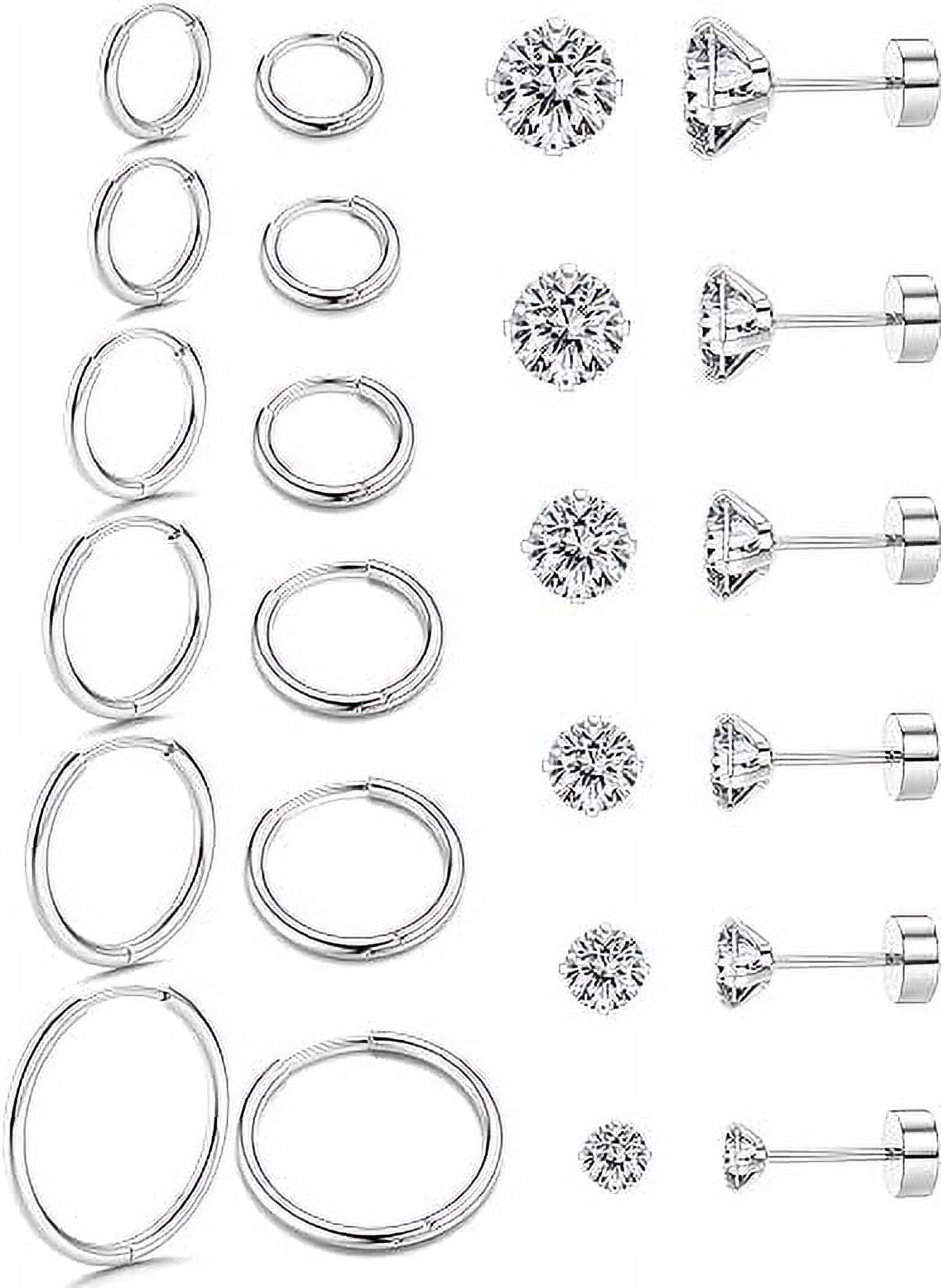 Knubmt 12 Pairs 316L Stainless Steel Earring Set 14K Gold Plated Hoop Earrings Flat Back Stud Earrings for Women Men, Silver