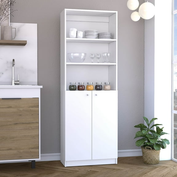 Knubmt 2 Door Bookcase Book Storage Cabinet Rack with 3 Open Shelves and 2 Inner Shelves, White