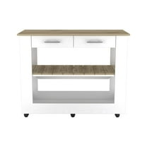 Knubmt 2 Drawers Kitchen Island with Wheels and and Lower Open Shelf, Wood Kitchen Cart for Living Room, Kitchen, White   Light Brown