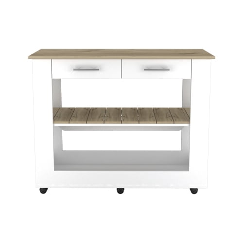 Knubmt 2 Drawers Kitchen Island with Wheels and and Lower Open Shelf, Wood Kitchen Cart for Living Room, Kitchen, White + Light Brown