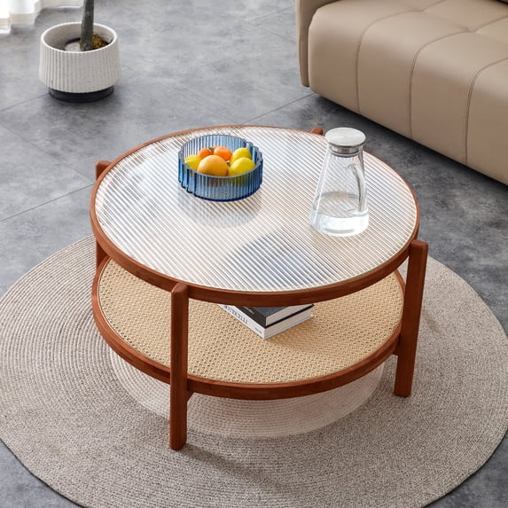 Knubmt 2 Layer Round Glass Tabletop Coffee Table with Solid Wood Frame, Center Table for Home, Office, Brown