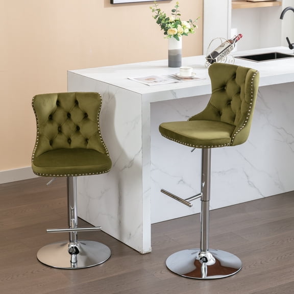 Knubmt 2 Pack Adjusatble Seat Height from 25-33 Inch Barstools with Footrest, Swivel Velvet Bar Stools for Home, Bar, Kitchen, Olive Green