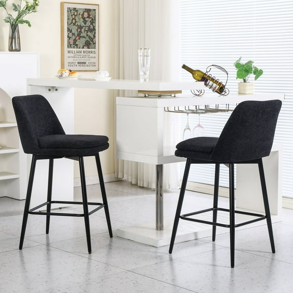Knubmt 2 Pack Counter Height Barstools with Metal Legs, 360 Degree Swivel Upholstered Linen Bar Stools for Kitchen Island, Bar, Black