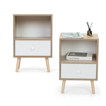 Knubmt 2 Pack End Table with Drawer and Bottom Shelf, Wood Nightstand for Living Room Bedroom Office