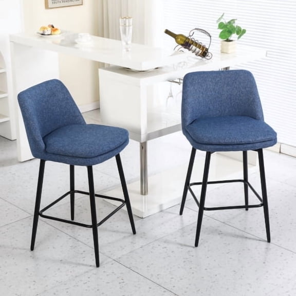 Knubmt 2 Pack Modern Counter Height Barstools with Metal Legs, Upholstered Linen Bar Stools for Kitchen Island, Bar, Blue