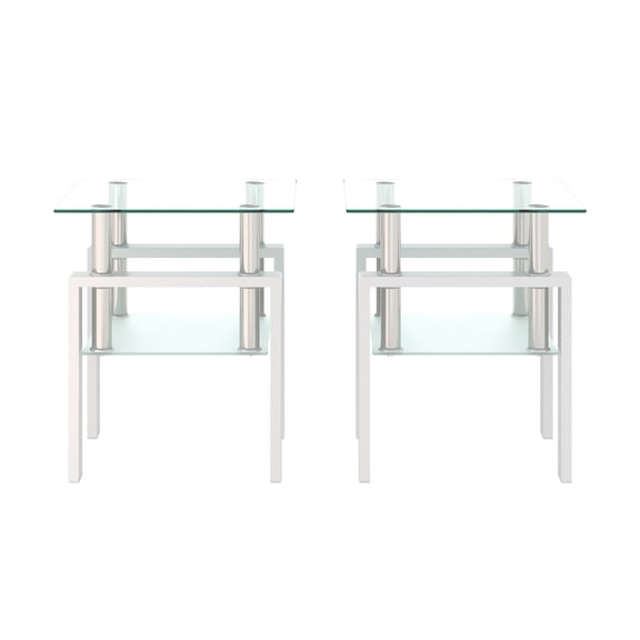 Knubmt 2 Pack Tempered Glass Tabletop Coffee Table 2 Layer End Table for Living Room, Office, White