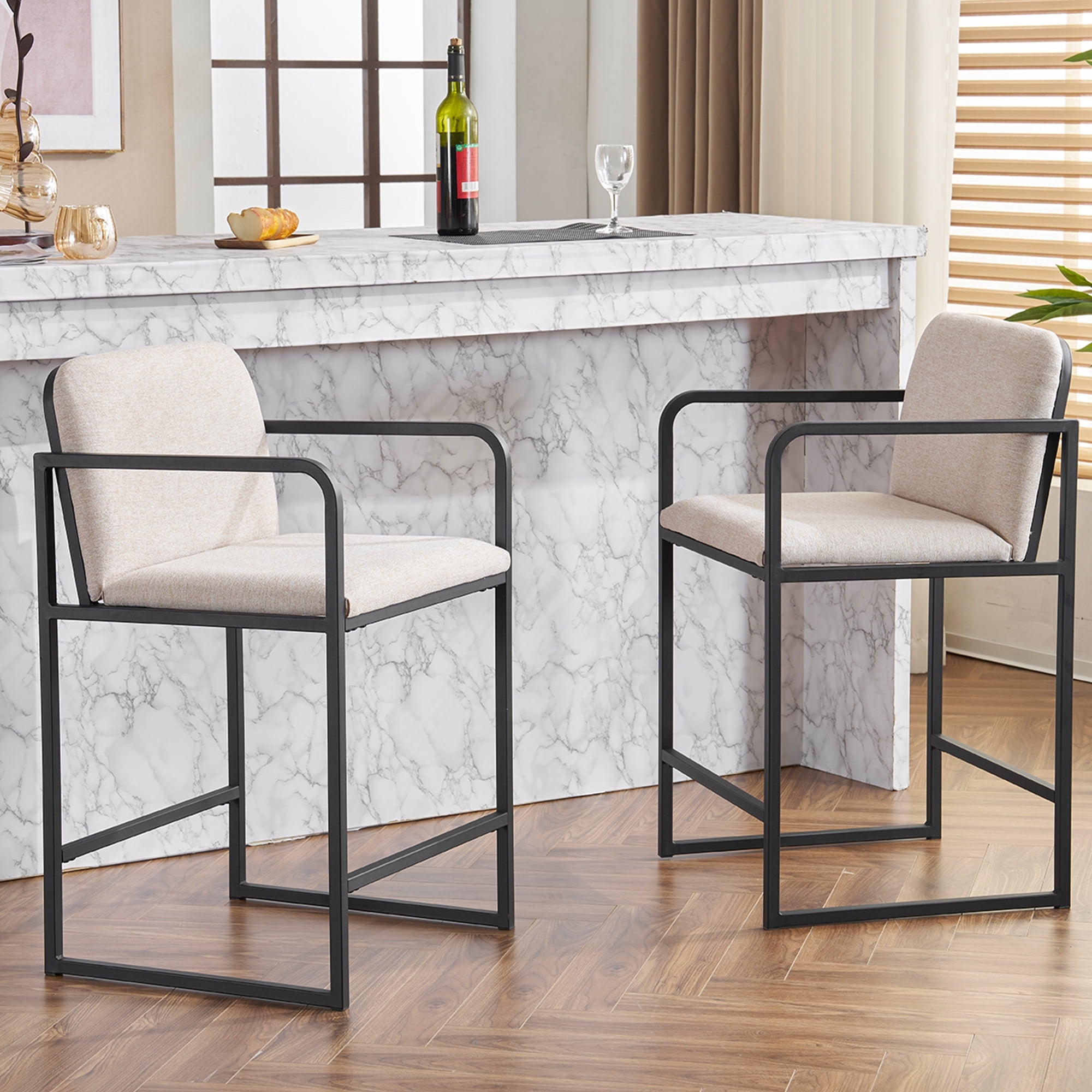 Beige Upholstered Counter Height Bar Stools with Metal Frame, Set of 2