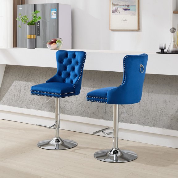 Knubmt 2 Pack Velvet Swivel Barstools with Metal Base, Upholstered Adjustable Height Bar Stools for Home, Kitchen Island, Bar, Blue
