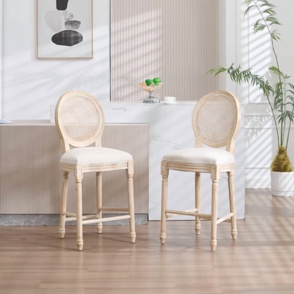 Knubmt 2 Pack Wood Frame Dining Chair with Rattan Round Back, 43.31" Height Upholstered Bar Chair for Living Room, Kitchen, Restaurant, Beige