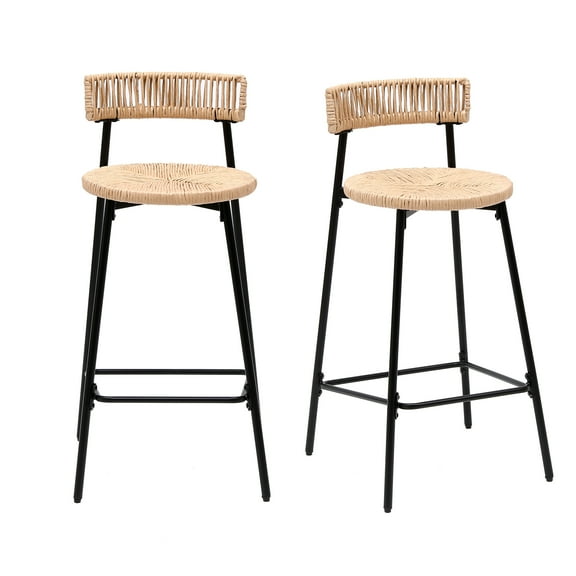 Knubmt 2 Pack Woven Barstools with Back and Footrest, Paper Rope Round Bar Stools for Kitchen Island, Dining Room, Bar, Brown