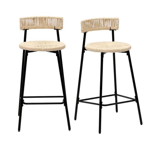 Knubmt 2 Pack Woven Barstools with Back and Footrest, Paper Rope Round Bar Stools for Kitchen Island, Dining Room, Bar, Cream White