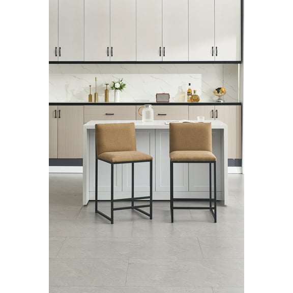 Knubmt 2 Pcs Counter Height Barstools with Metal Footrest and Frame, Upholstered Linen Bar Chair Bar Stools for Kitchen, Dining Room, Coffee