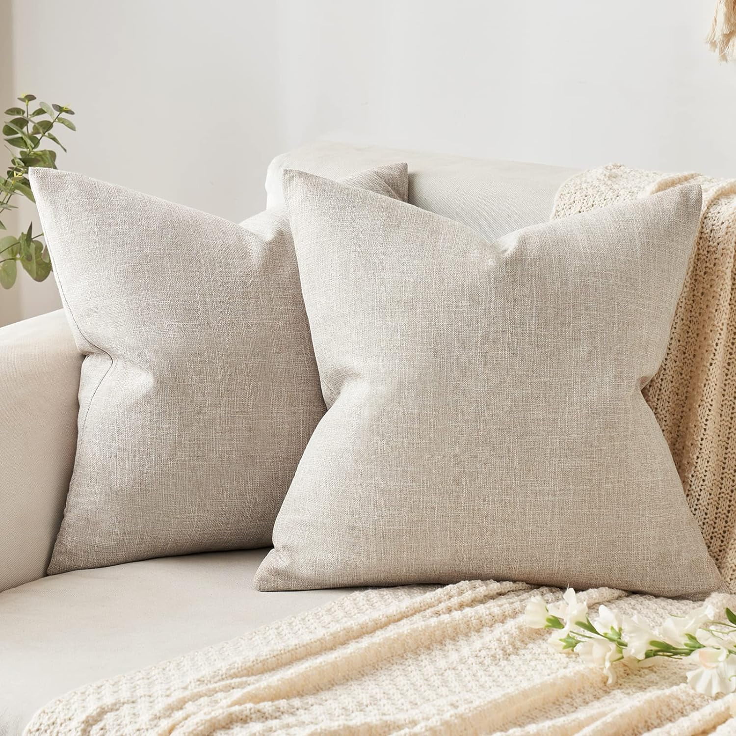 Knubmt 2 Pcs Linen Throw Pillow Covers with Zipper, Decorative Pillows Case Square Cushion Covers for Sofa Couch Bed Living Room, 16x16 inch