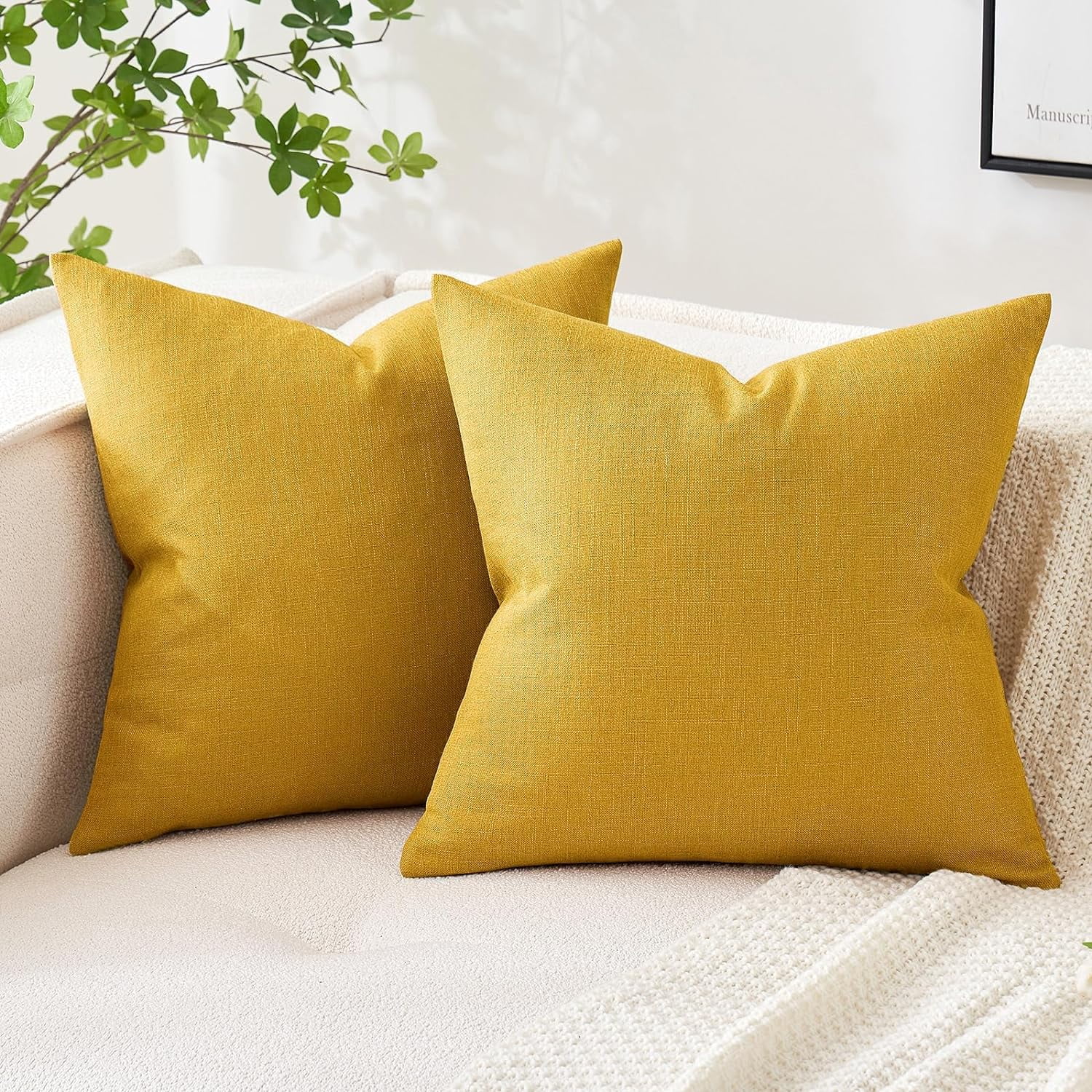 Knubmt 2 Pcs Linen Throw Pillow Covers with Zipper, Decorative Pillows Case Square Cushion Covers for Sofa Couch Bed Living Room, 18x18 inch
