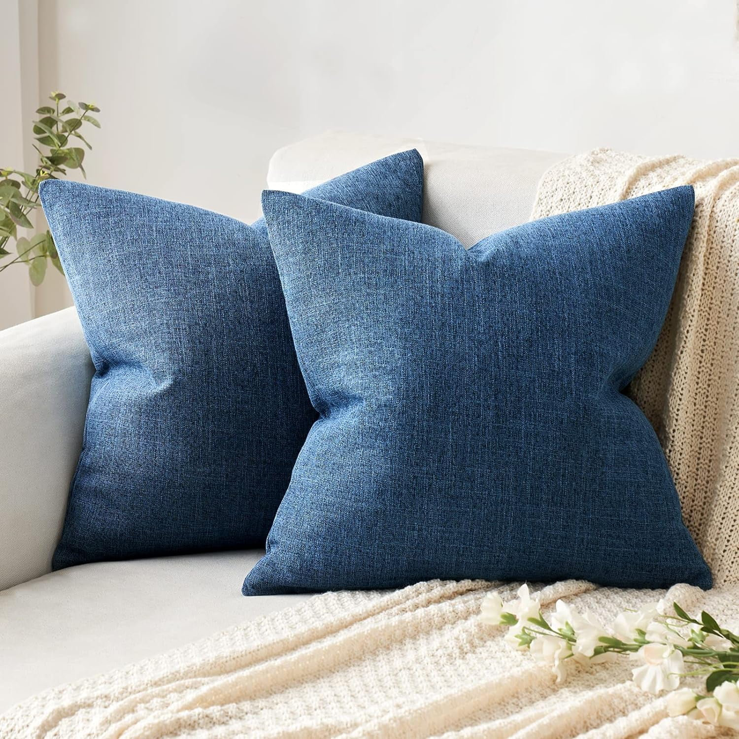 Knubmt 2 Pcs Linen Throw Pillow Covers with Zipper, Decorative Pillows Case Square Cushion Covers for Sofa Couch Bed Living Room, 24x24 inch