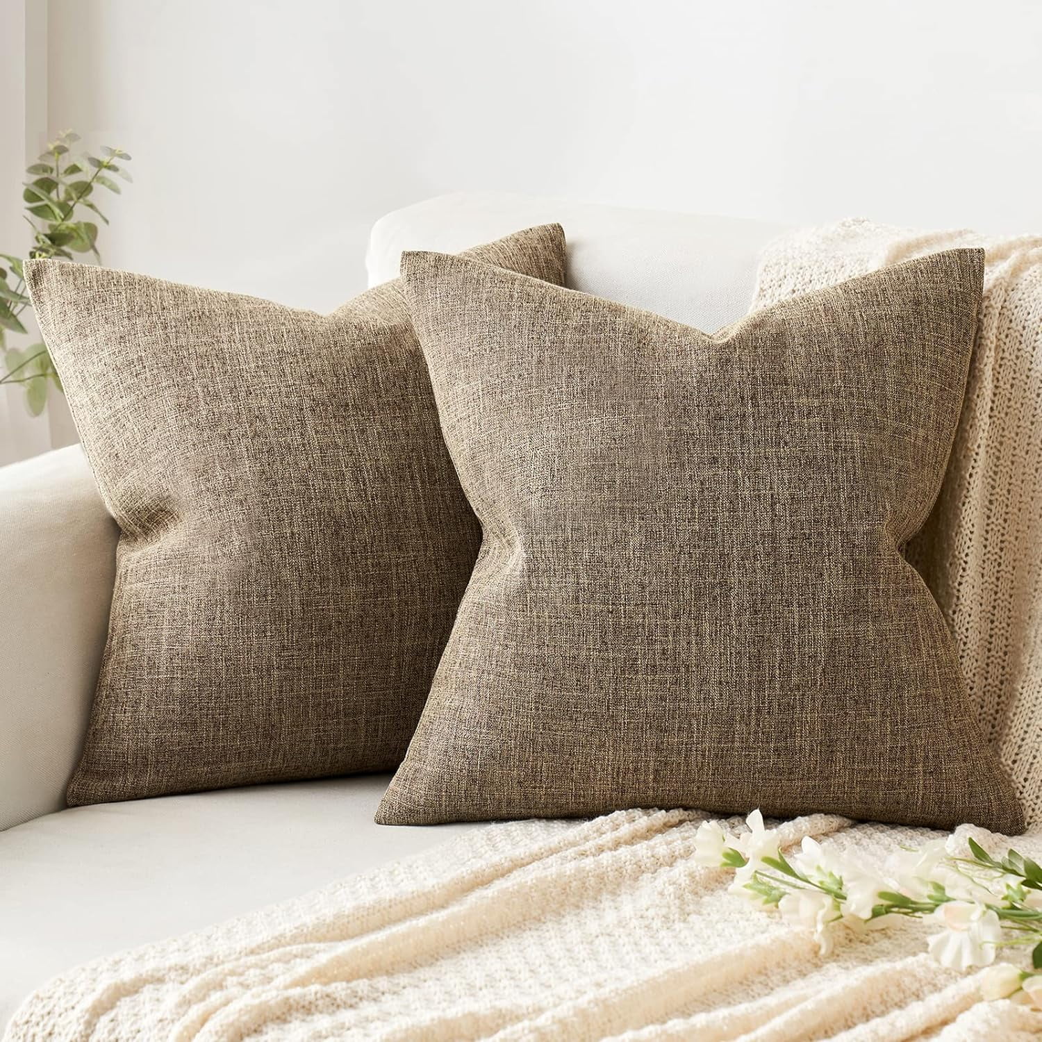 Knubmt 2 Pcs Linen Throw Pillow Covers with Zipper, Decorative Pillows Case Square Cushion Covers for Sofa Couch Bed Living Room, 24x24 inch