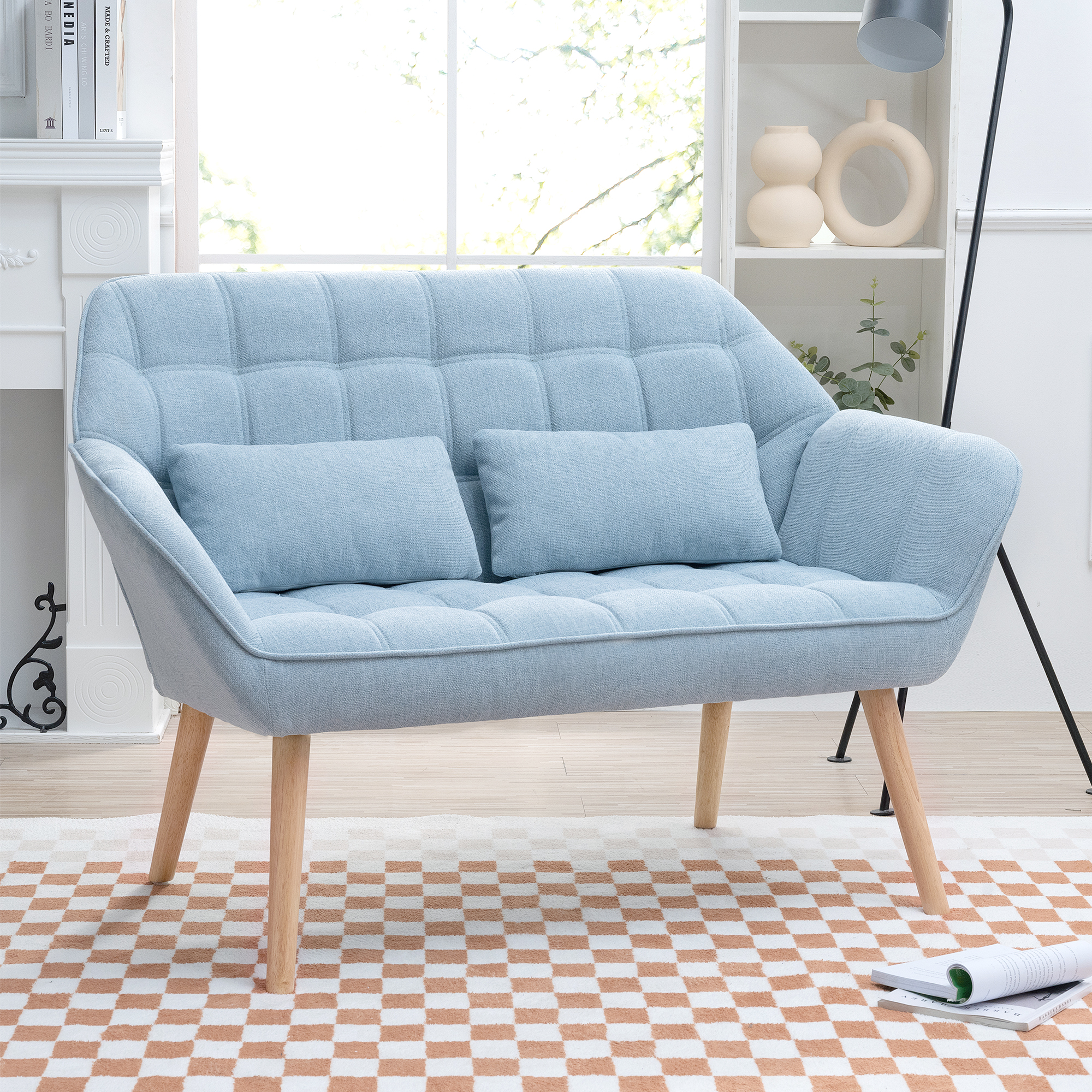 Knubmt 2 Seat Loveseat Sofa with Pillow and Wood Legs, Fabric Sofa for ...
