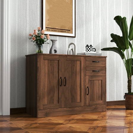 Knubmt 3 Doors Buffet Sideboard with 2 Drawers and Inner Shelf, Wood Serving Storage Cabinet for Dining Room, Entryway, Brown
