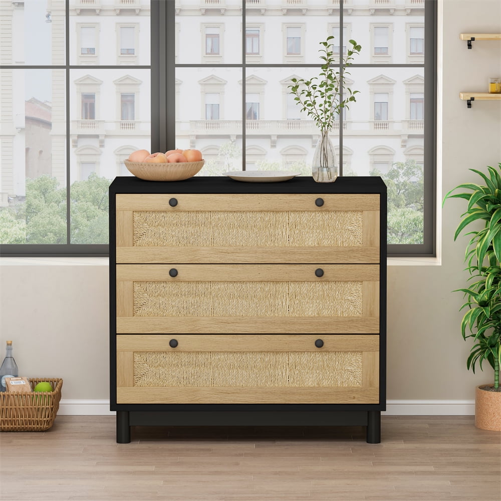 Black and Natural Rope Woven 3-Drawer Storage Cabinet