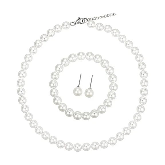 Knubmt 3 Pcs 8mm Round Imitation Pearls Necklace Earring Pearl Bracelet Set Wedding Pearl Jewelry for Women