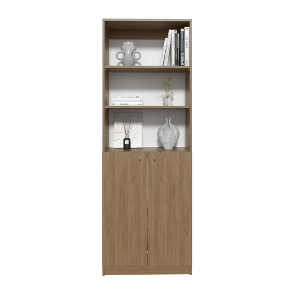 Knubmt 3 Shelves Bookcase with 2 Door Cabinet, Bookshelf for Living Room, Office, Brown