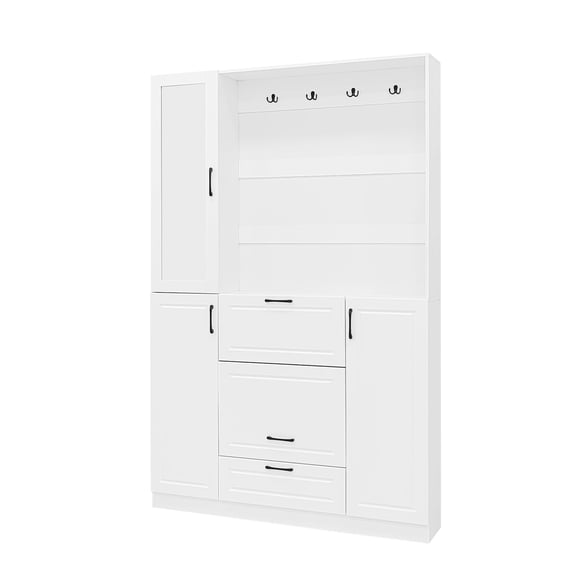 Knubmt 3-in-1 Hall Tree with 4 Hooks and Mirrored Cabinet Door, 51.1" Wood Entryway Bench with Shoe Cabinet, Perfect for Entrance, Living Room