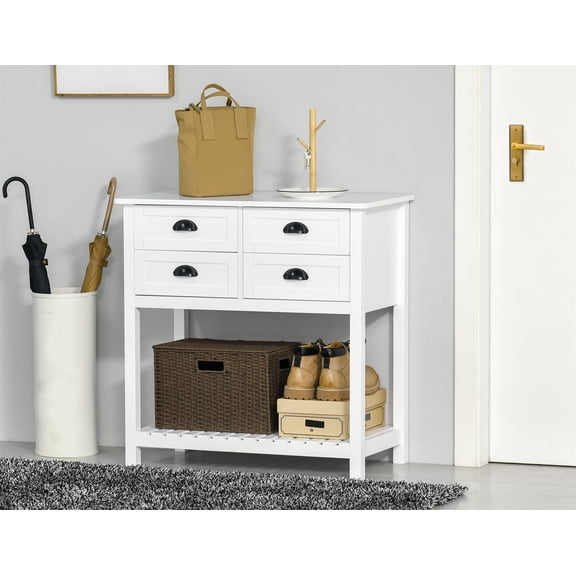 Knubmt 4 Drawers Coffee Bar Cabinet with Bottom Shelf, Wood Sideboard Buffet Cabinet for Kitchen, Living Room, White