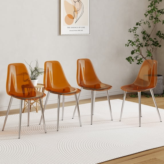 Knubmt 4 Pack Armless Side Chair for Home, Living Room, Dining Room, Plastic Dining Chair with Silver Metal Leg, Brown