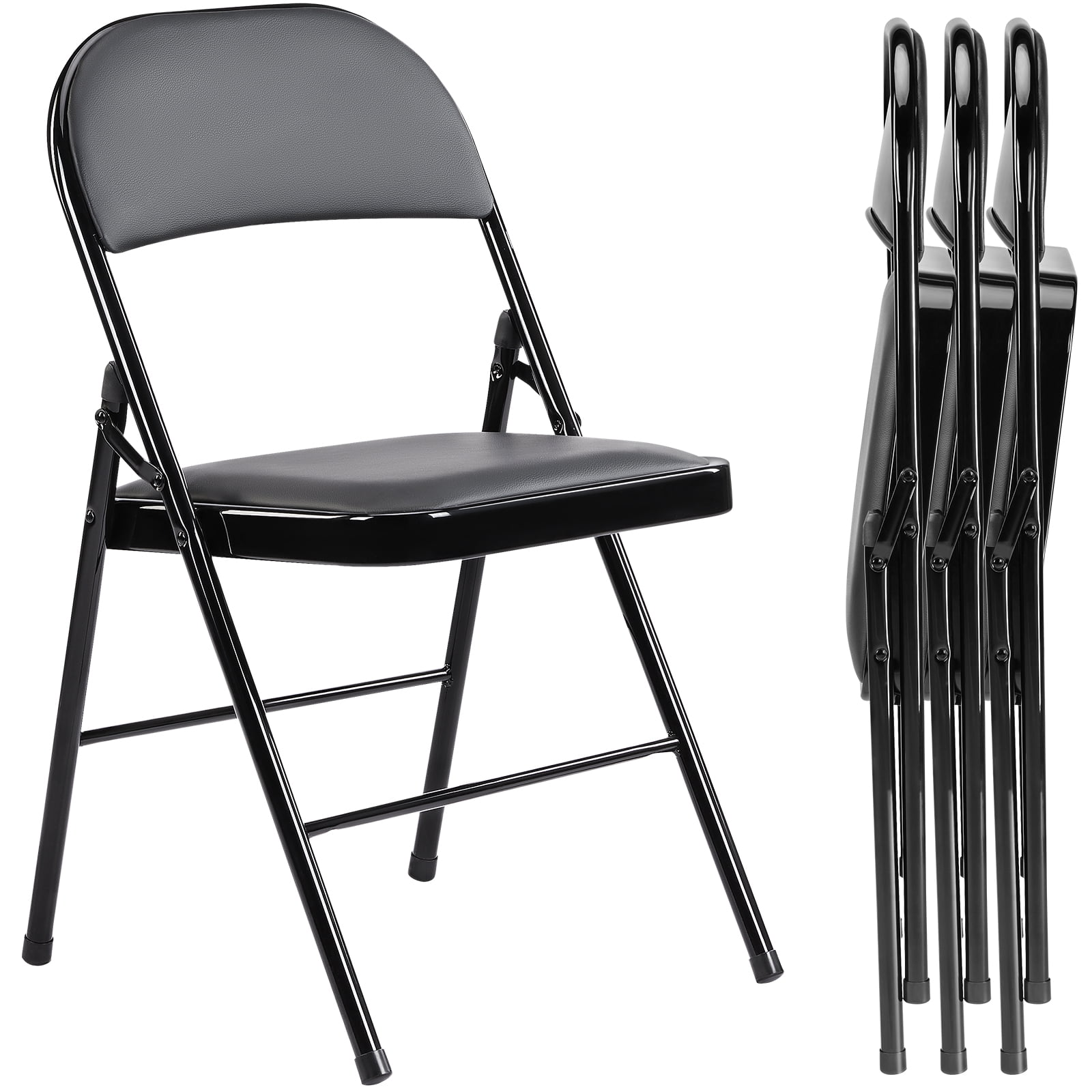 Black Metal Frame Armless Leather Folding Chairs, Set of 4