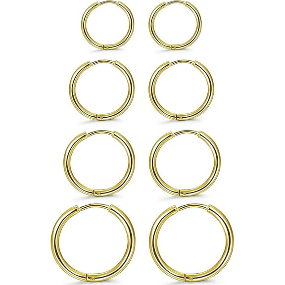 Knubmt 4 Pairs 316L Stainless Steel Hoop Earrings 14K Plated Hoop Earrings Jewelry for Men Women, Gold
