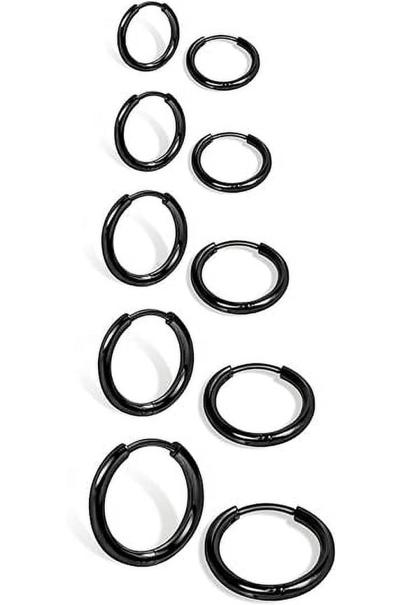 5 Pairs 316L Stainless Steel 14K Gold Plated Hoop Earrings for Women Men, Minimalist Lightweight Hoop Earrings, Black